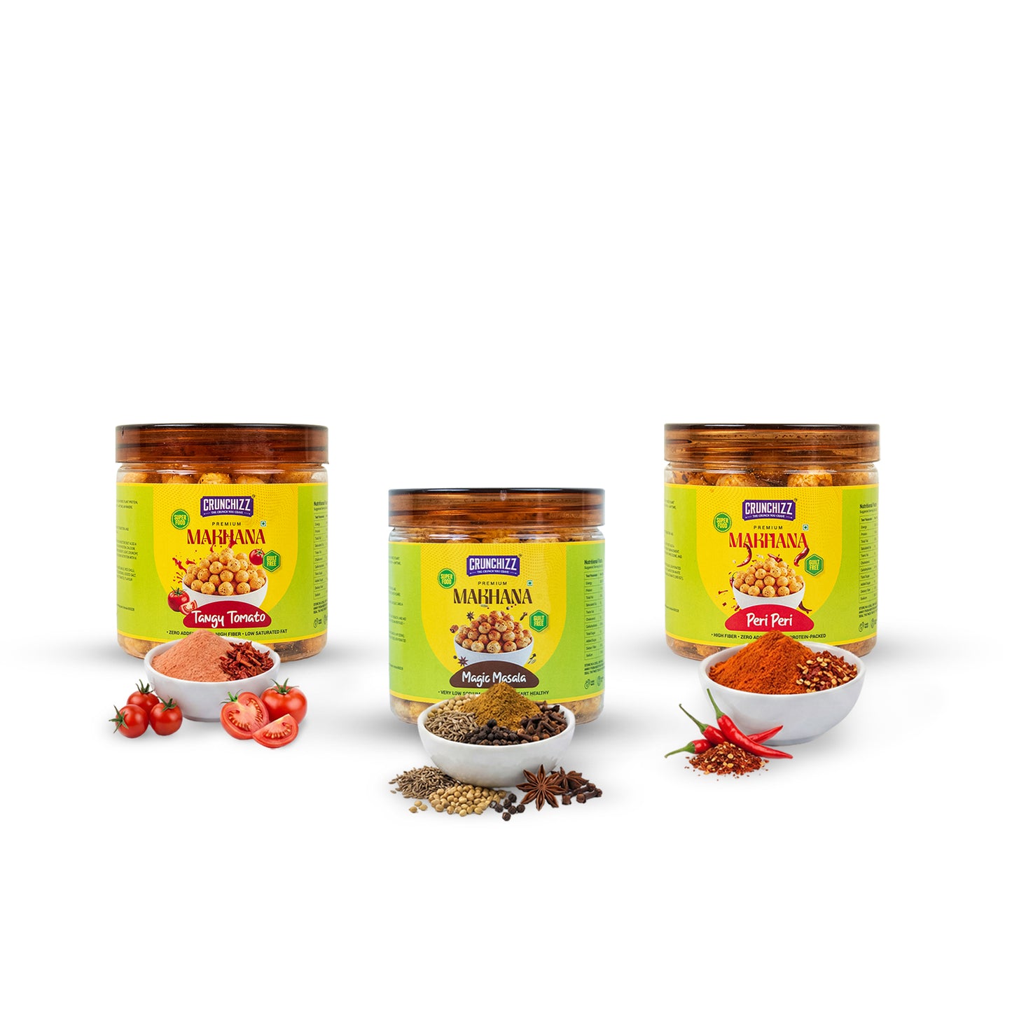 Crunchizz Makhana Seasoning Combo Pack | Peri Peri + Tangy Tomato+ Magic Masala| 3 x 50g (150g) | Premium Flavour Sprinkle for Roasted Makhana