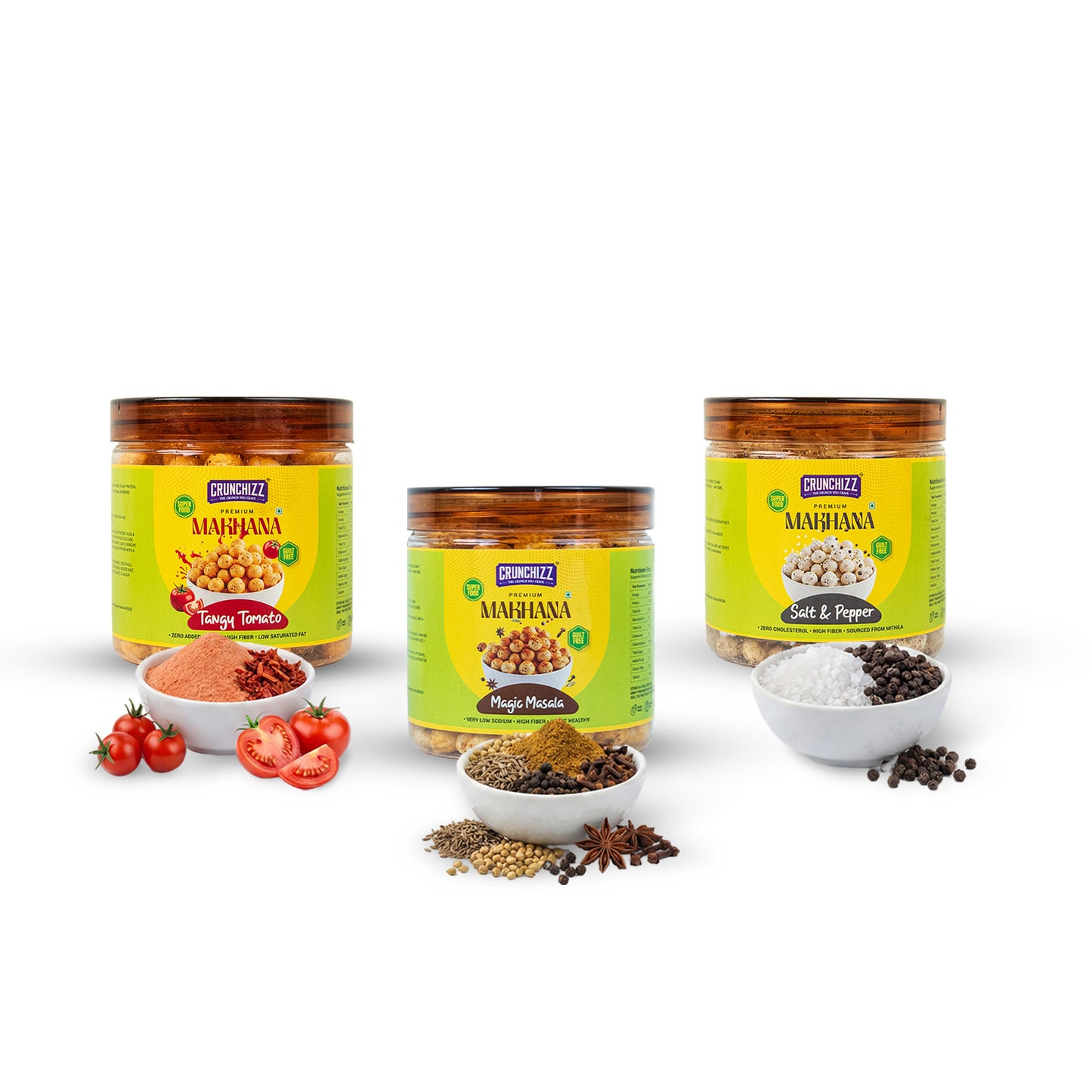 Crunchizz Makhana Seasoning Combo Pack | Peri Peri + Tangy Tomato+ Salt & Pepper| 3 x 50g (150g) | Premium Flavour Sprinkle for Roasted Makhana
