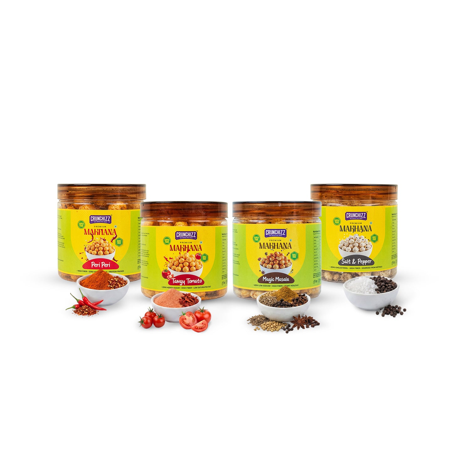 Crunchizz Makhana Seasoning Combo Pack | Peri Peri + Tangy Tomato+Magic Masala+ Salt & Pepper| 4 x 50g (200g) | Premium Flavour Sprinkle for Roasted Makhana
