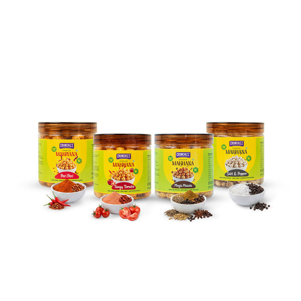 Crunchizz Makhana Seasoning Combo Pack | Peri Peri + Tangy Tomato+Magic Masala+ Salt & Pepper| 4 x 50g (200g) | Premium Flavour Sprinkle for Roasted Makhana