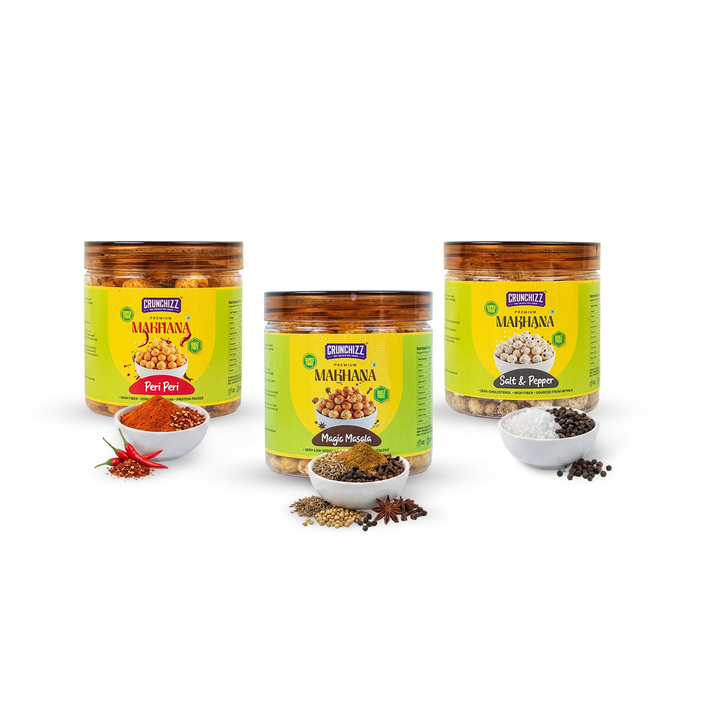 Crunchizz Makhana Seasoning Combo Pack | Peri Peri + Tangy Tomato+ Salt & Pepper| 3 x 50g (150g) | Premium Flavour Sprinkle for Roasted Makhana