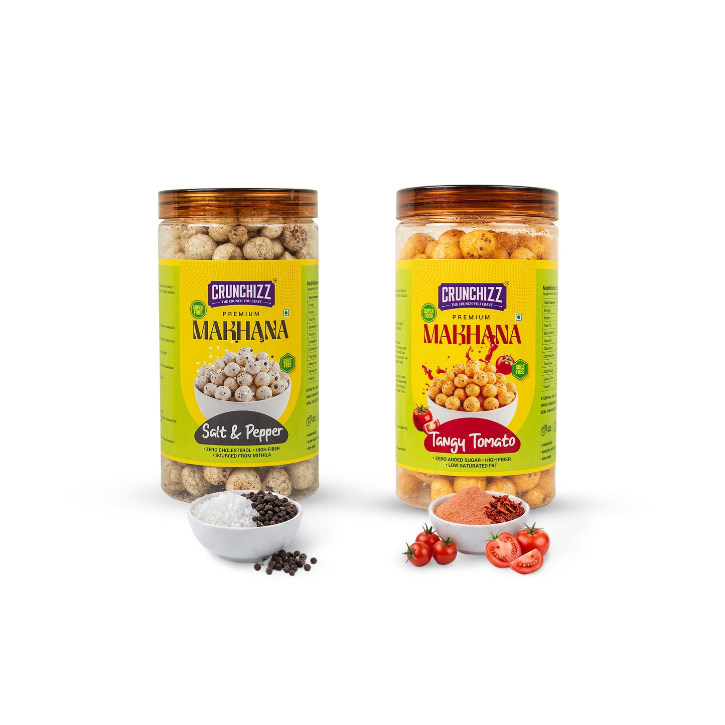 Crunchizz Makhana Seasoning Combo Pack |Tangy Tomato+ Salt & Pepper | 2 x 80g (160g) | Premium Flavour Sprinkle for Roasted Makhana