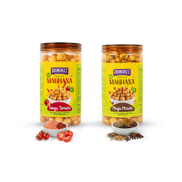 Crunchizz Makhana Seasoning Combo Pack |Tangy Tomato+ Magic Masala | 2 x 80g (160g) | Premium Flavour Sprinkle for Roasted Makhana