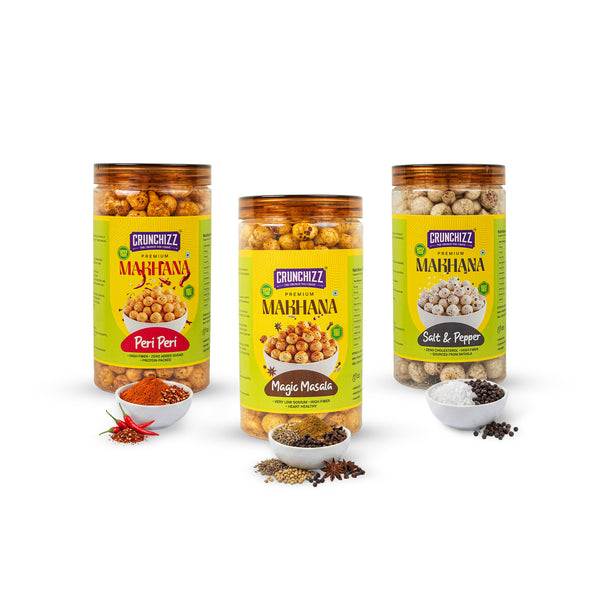 Crunchizz Makhana Seasoning Combo Pack | Peri Peri + Magic Masala+Salt & Pepper | 3x 80g (240g) | Premium Flavour Sprinkle for Roasted Makhana