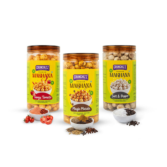 Crunchizz Makhana Seasoning Combo Pack |  Tangy Tomato+Magic Masala+Salt & Pepper | 3x 80g (240g) | Premium Flavour Sprinkle for Roasted Makhana