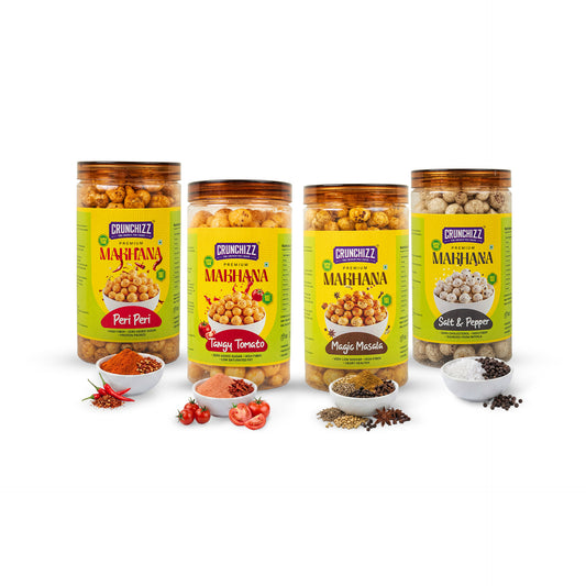 Crunchizz Makhana Seasoning Combo Pack | Peri Peri+ Tangy Tomato+Magic Masala+Salt & Pepper | 4x 80g (320g) | Premium Flavour Sprinkle for Roasted Makhana